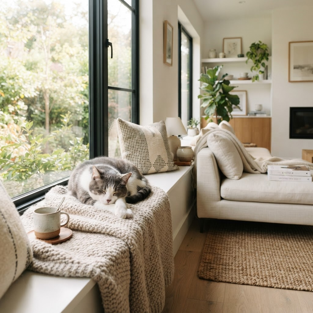 A relaxed cat lounging at home in a bright, clean living room