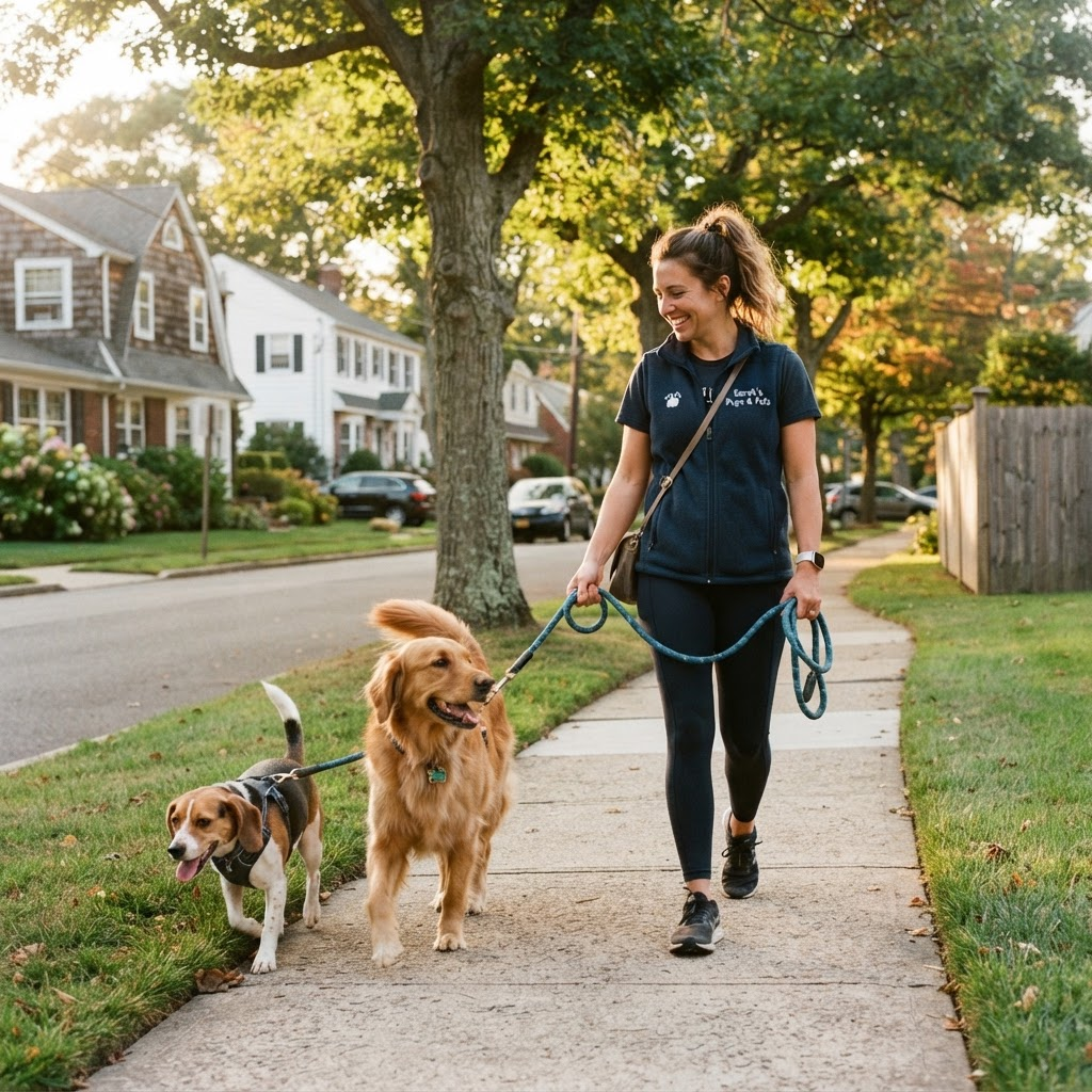 A Scoopsit walker taking two happy dogs for a walk on a tree-lined Long Island street