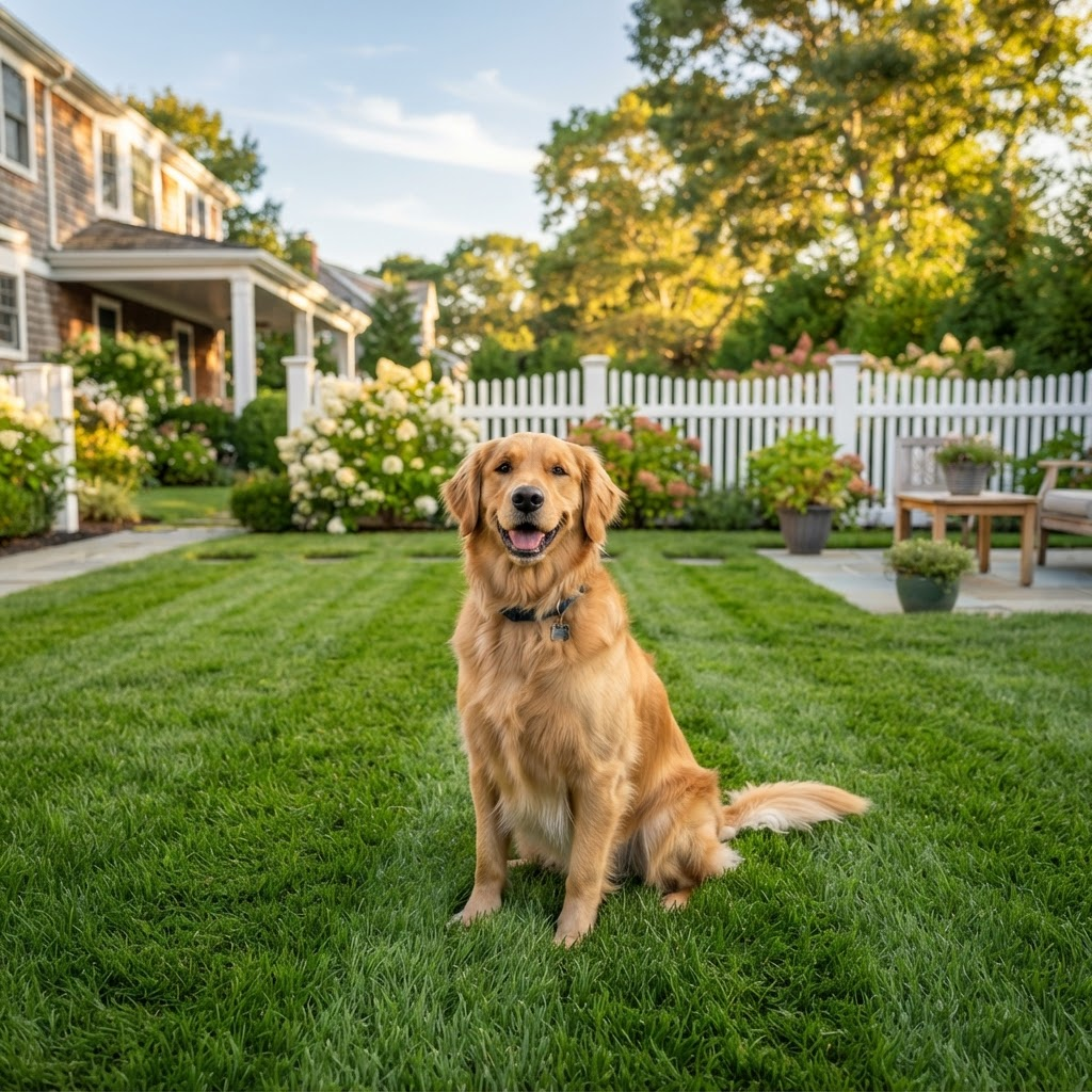 A happy golden retriever relaxing on a spotless green Long Island backyard lawn